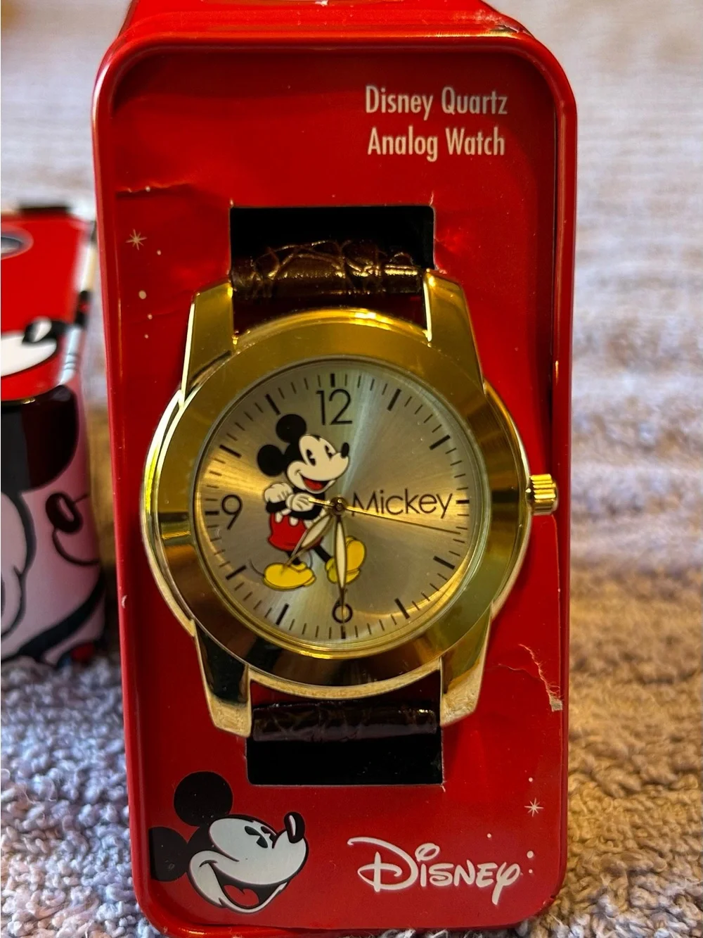 Disney Gold and Brown Mickey Mouse Watch with Red Tin NOS